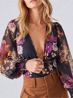 Free People Intimately Wunderlust Sheer Floral Smocked Bodysuit NWOT S